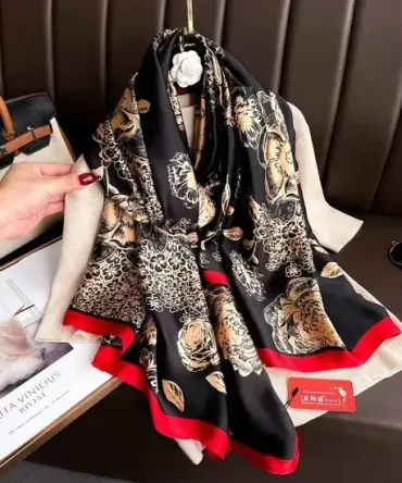 Beige Roses Flowers Satin Red & Black Silk Scarf