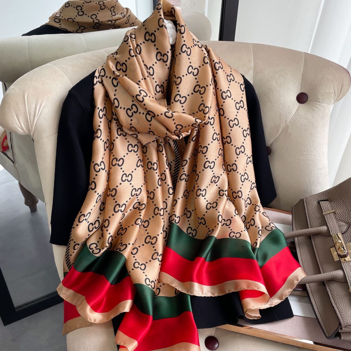 Rose Fog Brown Silk Scarf