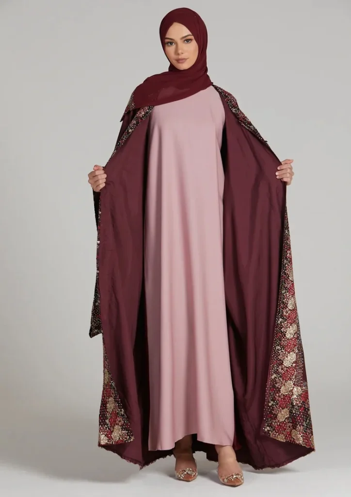 Side-by-side looks: a plain abaya with a richly coloured hijab, and an embroidered outfit with a plain matching hijab